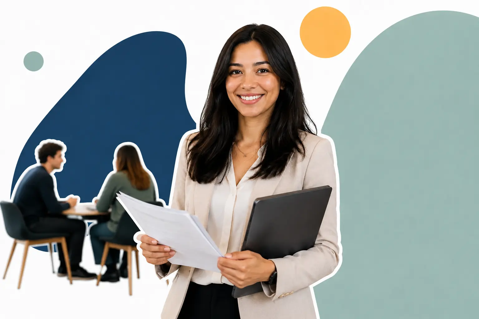 Graduate career specialist holding professional documents in a modern career-development office