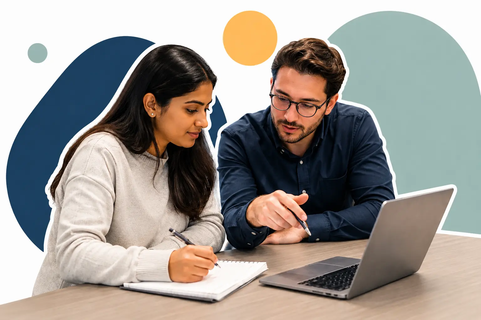 Graduate and adviser working through a structured career-support plan on a laptop