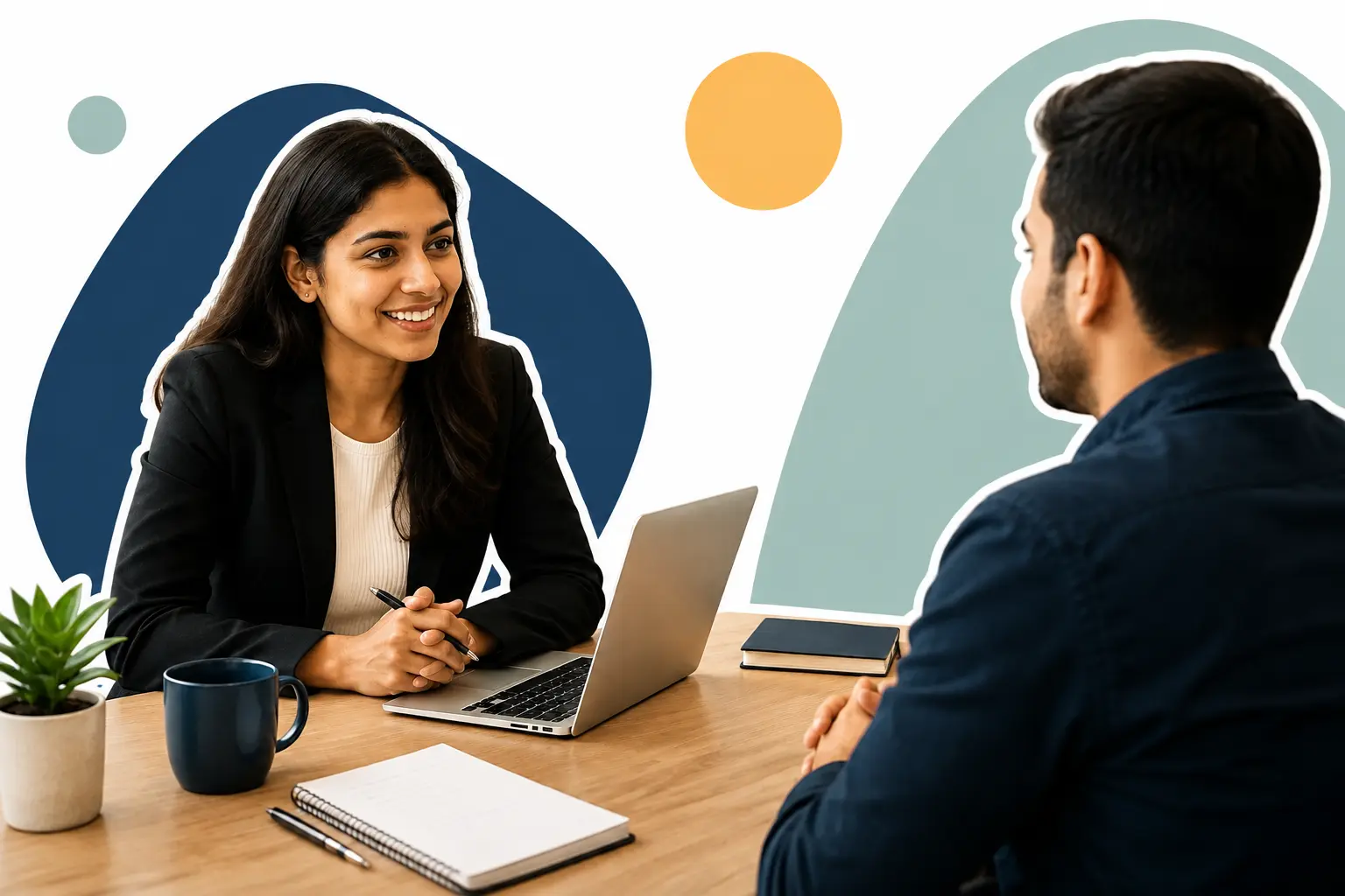 Career adviser welcoming a graduate for a free consultation in a modern office