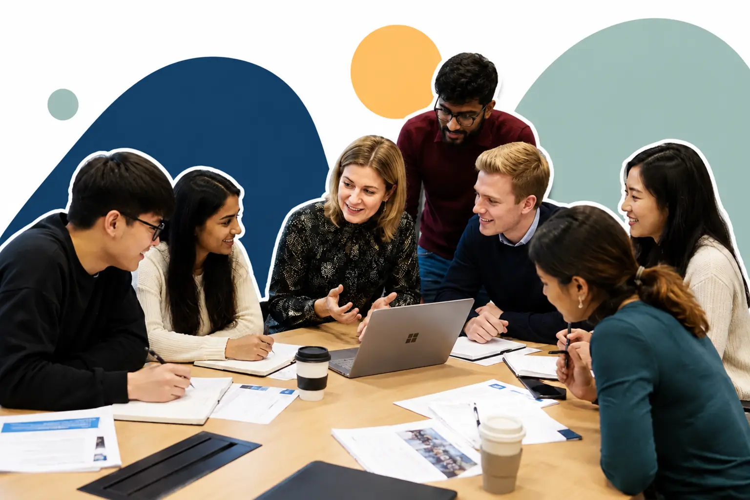 Diverse graduate applicants working through application and interview stages with an adviser