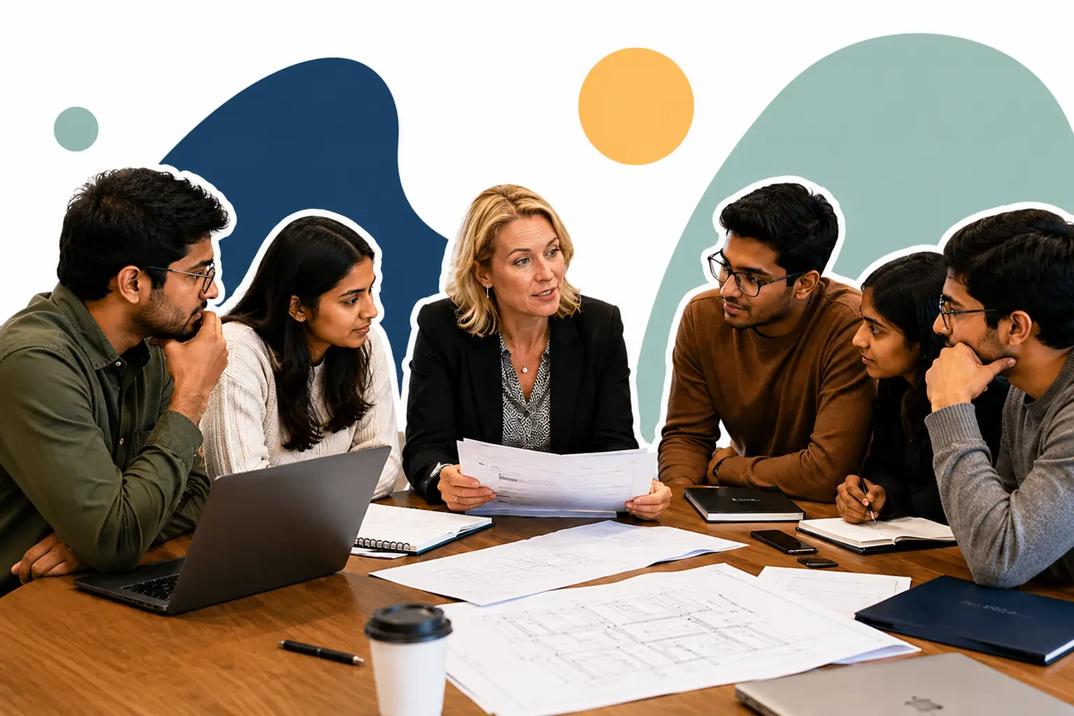 Career adviser guiding a diverse group of graduate students during an industry pathways workshop