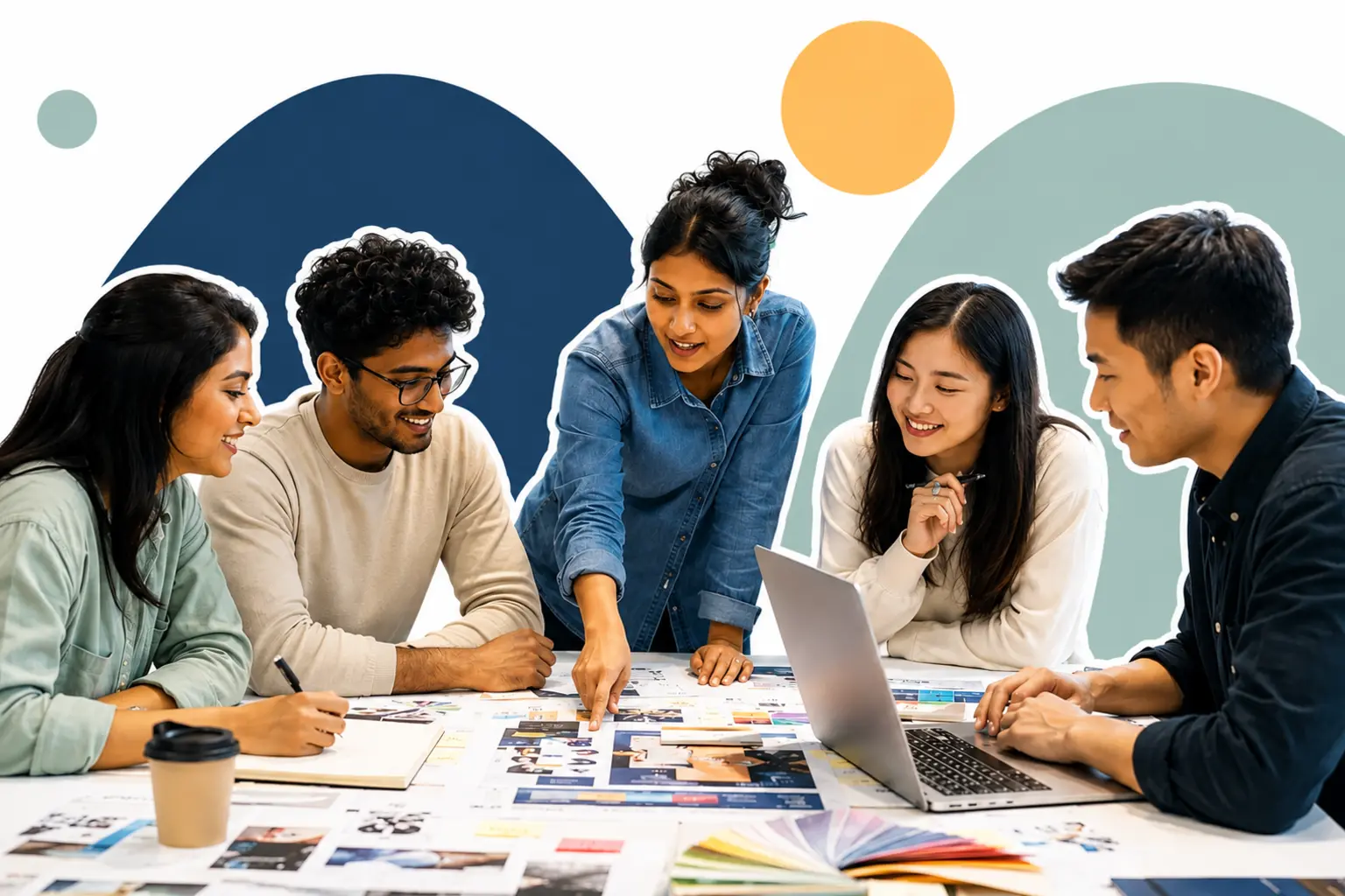 Graduate marketing and creative team planning a campaign using visual concepts and analytics